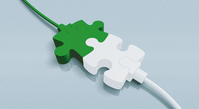 A green and a white plug converging as puzzle pieces.