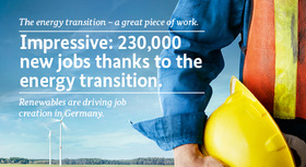 Campaign image: &#034;The energy transition – a great piece of work. Impressive: 230,000 new jobs thanks to the energy transition. Renewables are driving job creation in Germany.&#034;