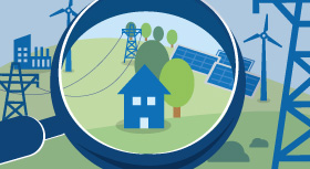 Illustration: Renewable energy sources, emlectric grid and a house (consumers) under a looking glass.