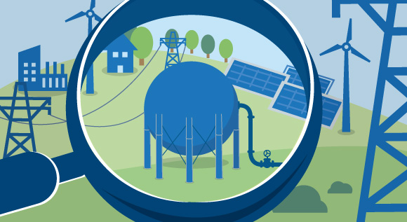 Illustration: Renewable energy sources, emlectric grid and a gas tank under a looking glass.