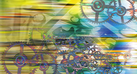 Various cogwheels on multi-coloured background