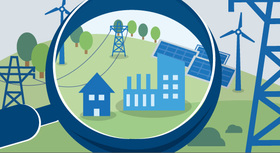 Illustration shows renewable energies, a factory and a residential building seen through a magnifying glass