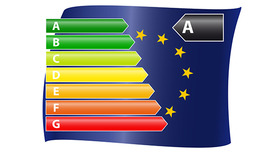 Energieeffizienzskala vor EU-Flagge
