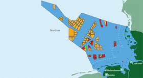 Grafik zeigt geplante sowie sich bereits in Betrieb befindliche Offshore-Windkraftanlagen in deutschen Hoheitsgwässern in der Nordsee