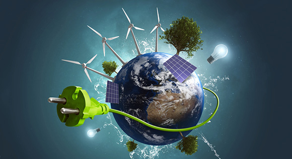 Illustration: Weltkugel mit erneuerbaren Energien und grünem Kabel.
