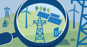 Illustration: Erneuerbare Energien, Stromnetz und Verbraucher unter einer Lupe