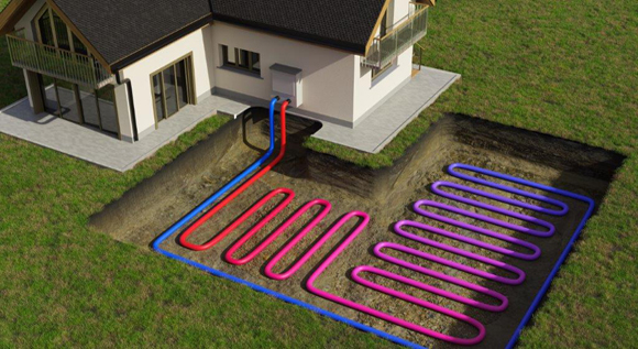3D Modell eiens Wohnhauses mit Wärmepumpe unter der Erde